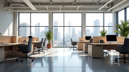 A contemporary office with stylish desks, ergonomic chairs, and clean lines, creating an efficient and professional atmosphere