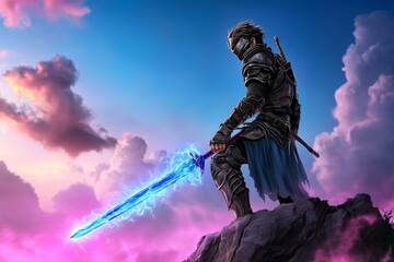 A fantasy-inspired guy with a glowing sword and enchanted armor, standing atop a cliff overlooking a magical kingdom