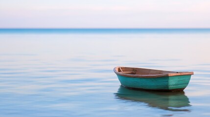 Naklejka premium A serene, solitary boat floats on calm, tranquil waters under a soft sky, creating a peaceful and reflective scene.