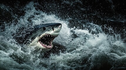 Naklejka premium Great White Shark Breaching Ocean Waves