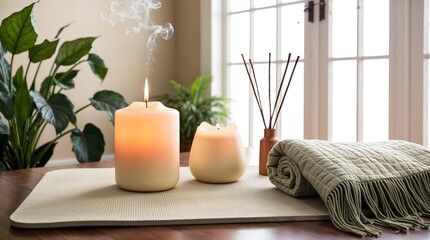 Cozy and Relaxing Meditation Setup with Candles and Blanket, Tranquil Home Decor Featuring Aromatic Candles and Indoor Plants, Peaceful Zen Space with Lit Candles, Reed Diffuser, and Soft Textiles
