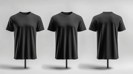 Moderne schwarze T-Shirt-Darstellung aus verschiedenen Blickwinkeln

