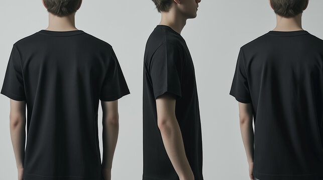 Moderne schwarze T-Shirt-Darstellung aus verschiedenen Blickwinkeln

