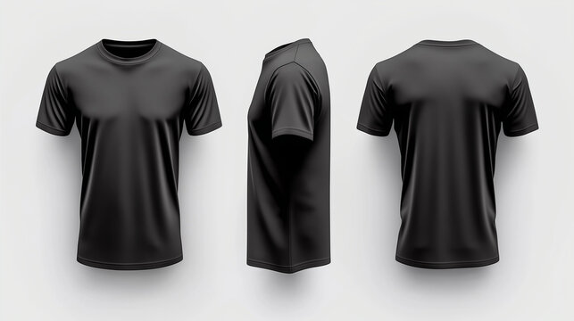 Moderne schwarze T-Shirt-Darstellung aus verschiedenen Blickwinkeln

