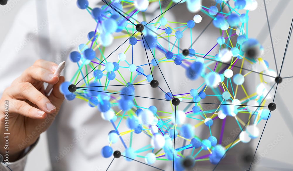 Poster Neural network concept. Connected cells with links.