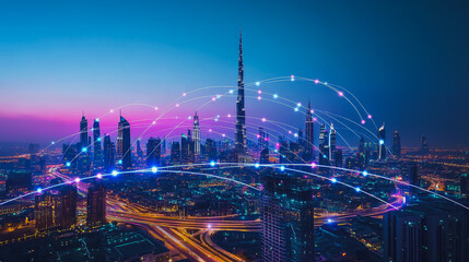 Fototapeta premium Smart digital city with connection cyber security network reciprocity over the cityscape . future smart wireless digital city and social media networking systems that connects people within the city