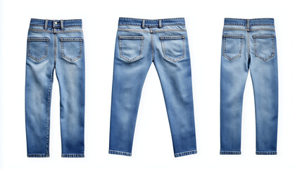 Moderne Jeans in verschiedenen Ansichten auf hellem Hintergrund

