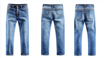 Moderne Jeans in verschiedenen Ansichten auf hellem Hintergrund

