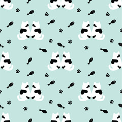 Cute twin cats and fish pattern for background, seamless background.