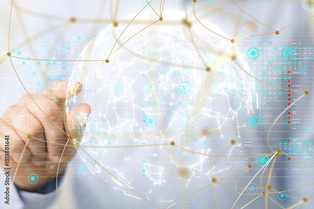 Poster Neural network 3D illustration. Big data and cybersecurity