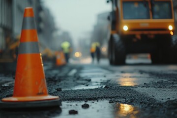 A close-up of construction cones on the road with a blurred background of workers paving.