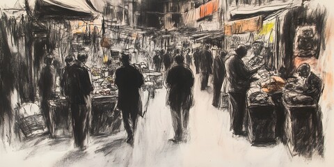 Bustling Street Market Scene with Vendors and Buyers in Charcoal Style