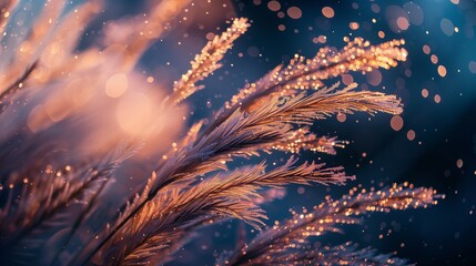 A close-up of dew-covered grass blades in the morning light.