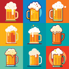 Set of beer glasses, mugs, ribbon, bottle, and hop. Color vintage vector engraving illustration for web, poster, invitation to party. Hand drawn design element isolated on background.