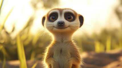 Fototapeta premium A portrait of a meerkat standing upright, with its expressive face sharply in focus against a blurred natural background