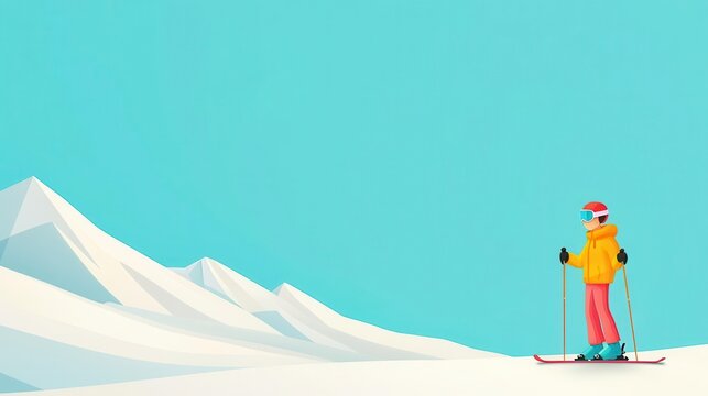 A 4K cartoonish animated clipart of a skier holding ski poles, standing on the right side of the image, solid color background, copy space for text