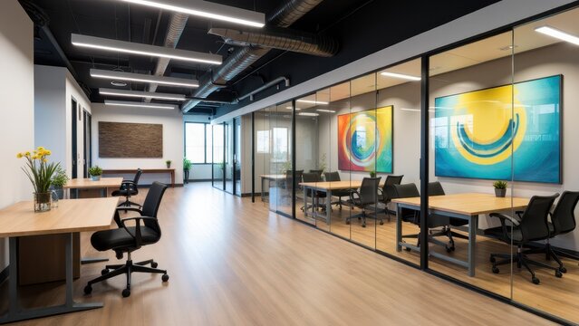 An office with modern design elements: glass walls, bold artwork, and a spacious layout for collaborative work