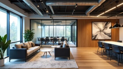 Fototapeta premium An office with modern design elements: glass walls, bold artwork, and a spacious layout for collaborative work