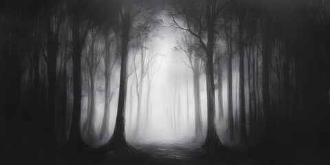 Ethereal Mist in Enigmatic Forest with Silhouetted Trees