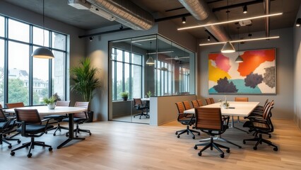 An office with modern design elements: glass walls, bold artwork, and a spacious layout for collaborative work
