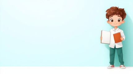 A 4K cartoonish animated clipart of a comic artist holding a sketchbook, standing on the right side of the image, solid color background, copy space for text