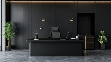 Modern Black Office Interior Design: Sleek Workspace with Minimalist Decor