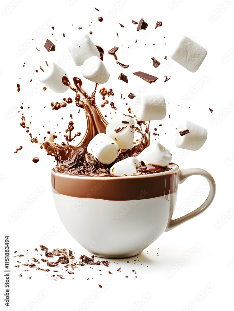 Poster a cup of hot chocolate with marshmallows splashing, creating a playful and inviting scene.
