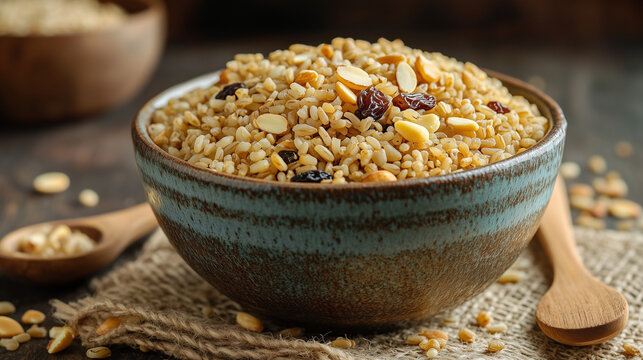 Cooked freekeh with almonds and raisins in a rustic bowl