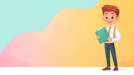 A 4K cartoonish animated clipart of a choreographer holding a choreography book, standing on the right side of the image, solid color background, copy space for text