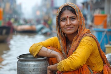 Fototapeta premium An woman sitting by a pile of bricks at the construction site of her house takes a break while holding a pot of water. Generative AI