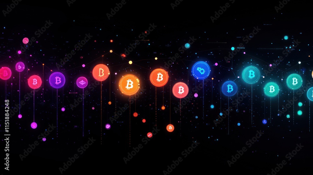 Poster colorful cryptocurrency icons flowing in a dark background, representing digital currency and blockc