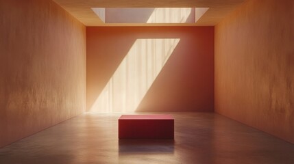 Red cube in a minimalist orange room with sunlight