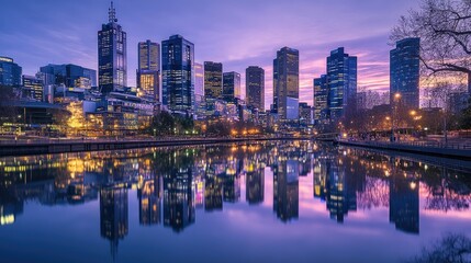 Fototapeta premium Melbourne City Skyline Reflected in Calm Water at Dusk