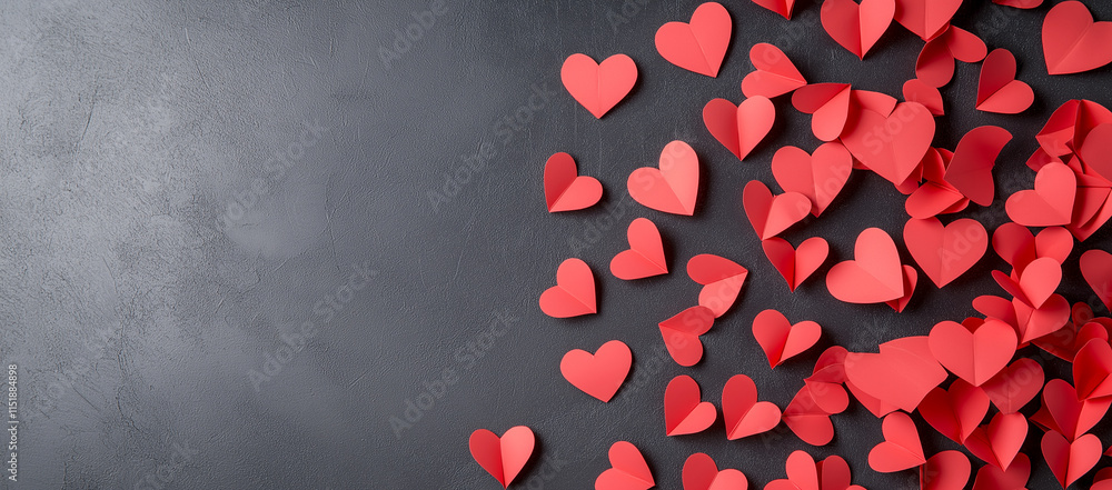 Poster scattered red paper hearts on dark textured background create romantic and playful atmosphere. perfe