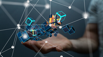 abstract lines with dots over dark background.