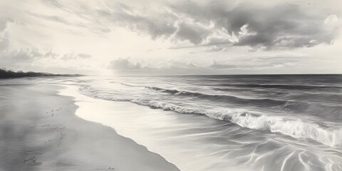Obraz premium Serene Black and White Seascape with Gentle Waves and Clouds