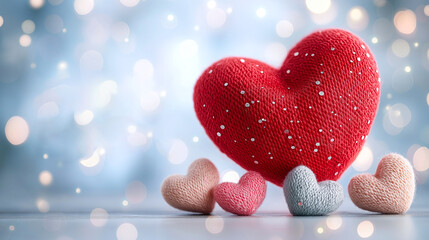 Obraz premium vibrant red heart surrounded by smaller pastel hearts creates romantic atmosphere, perfect for Valentine Day celebrations. soft bokeh background enhances emotional expression of love