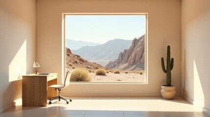 Serene Minimalist Home Office with Expansive Desert View and Simple Wooden Desk