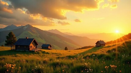 Golden Hour Serenity Mountain Cabins Basking in the Sunset's Glow