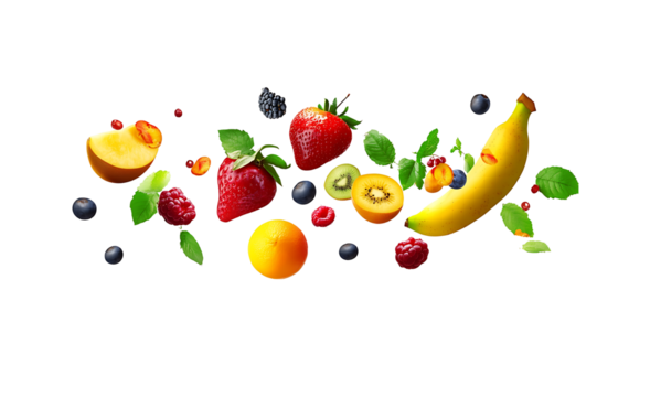 different fruits flying like strawberry, orange, grape and other isolated on transparent background, png



