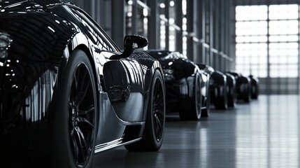 A Showcase of Modern Cars in an Industrial Showroom, Featuring Sleek Designs with Metallic Finishes, Soft Lighting Accentuating Contours, Minimal Background Clutter, Ideal for Stock Photography.