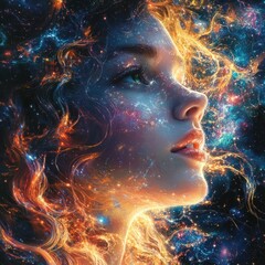 Cosmic woman, vibrant nebula hair, profile view, fantasy art.