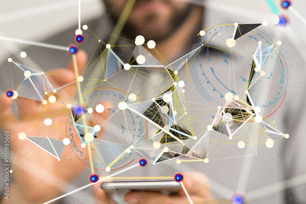 Poster Neural network 3D illustration. Big data and cybersecurity