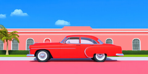 Havana art style, A vibrant red vintage car parked against a pastel pink building and blue sky, evoking a nostalgic and cheerful atmosphere.