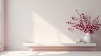A Minimalist Pink Blossom Arrangement on a White Shelf Against a Pale Wall with Sunlight Streaming Through a Window