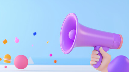 A vibrant illustration of a purple megaphone held by a hand, with colorful shapes floating in a light blue background, conveying a sense of communication and creativity.