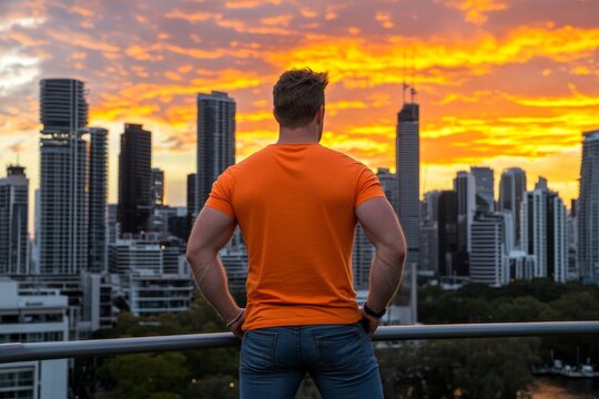 A guy standing on a bridge overlooking a city skyline at sunset, lost in thought with his hands in his pockets