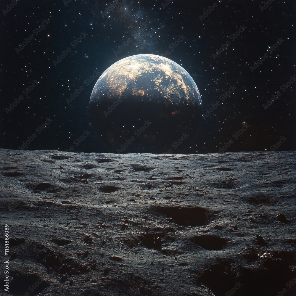 Poster earthrise view from the moon's surface, showing a half-illuminated planet against a starry backdrop.