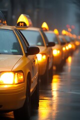 A row of yellow taxis lined up on a rainy city street at dusk.