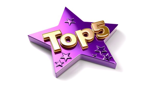 3D logo of the text "Top5" in gold, with a purple star background and a white background